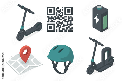 Isometric electric scooter sharing service vector icon set. Urban mobility concept with e-scooter, qr code for rent, battery, map navigation, helmet, and parking dock station.