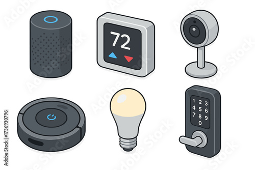 Isometric smart home device vector icon set. Internet of Things (IoT) gadgets: speaker, thermostat, security camera, robot vacuum, light bulb, lock. Home automation concept.