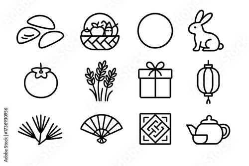Outline icons representing Chuseok festival elements and symbols  