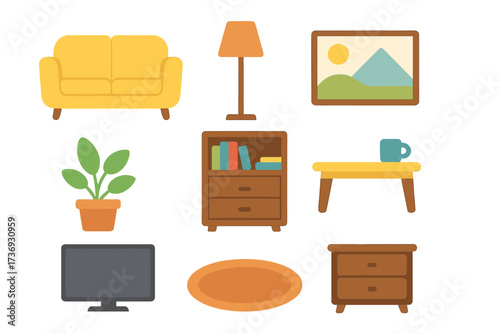 Living room furniture and home decor icon set. Modern flat design vector cartoon illustration. Interior design elements collection with sofa, lamp, tv, table, plant and rug.