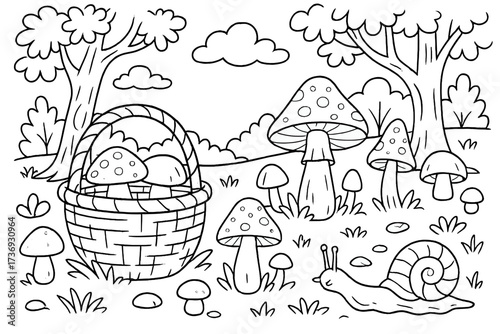 Mushroom foraging coloring page. Forest scene with basket, snail, and fly agaric. Vector cartoon illustration for kids activity book. Black and white outline doodle drawing.