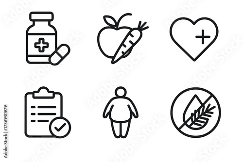 Nutrition and health line icon set. Concepts of diet, obesity treatment, and healthy food. Vector icons for supplements, heart health, gluten-free and palm oil-free products.