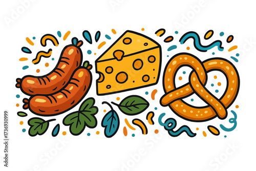Oktoberfest snacks vector illustration. German food set with sausages, cheese, and pretzels in a colorful doodle style. Bavarian festival cartoon elements for party design.