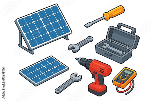Solar panel installation tools isometric vector set. Renewable energy repair kit. Green power concept with drill, wrench, screwdriver, multimeter. Cartoon illustration.