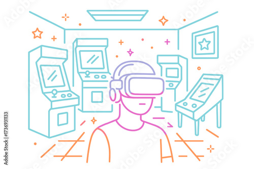 Man in VR headset in retro arcade. Gamer in metaverse. Future technology meets 80s nostalgia. Gaming concept. Cyberspace, video game, pinball machine. Vector line art.