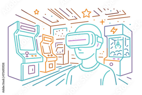 Virtual reality in a retro arcade. Gamer with VR headset in neon line art. Metaverse gaming concept. Nostalgic 80s video games. Cyberspace simulation vector illustration.