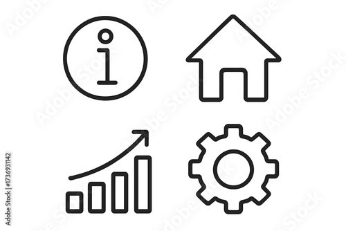 Universal web and mobile app UI line icon set. Includes information, home page, analytics growth chart, and settings gear. For digital marketing, social media, ecommerce concepts.