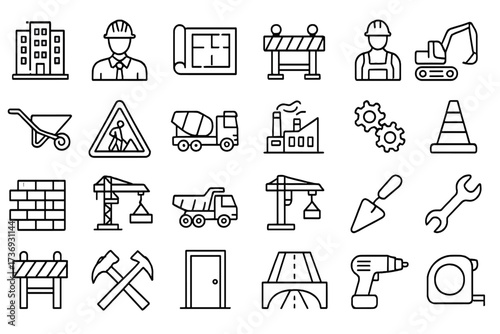 Set of 24 construction line icons. Vector symbols for building, engineering, architecture, and industry. Includes builder, crane, truck, road work, blueprint, and tools.