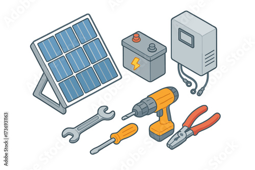 Solar panel installation kit in isometric style. Renewable energy system with battery, inverter, and tools. Concept for DIY, off-grid, sustainable, and green electricity.