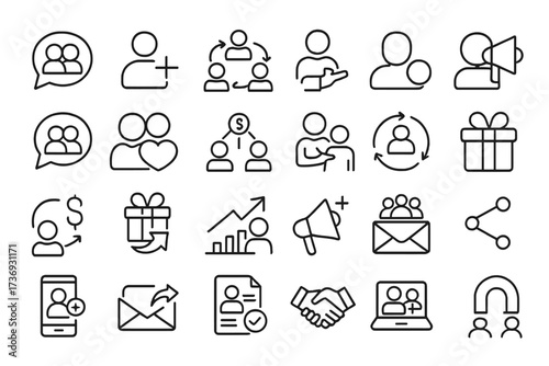 Refer a friend line icon set. Referral marketing program, customer acquisition and loyalty reward icons. Affiliate marketing, invite friends, share bonus, partnership concept.