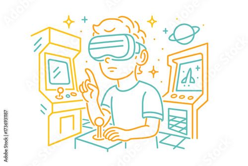 Boy in VR headset plays in retro arcade. Future of gaming concept. Virtual reality experience in cyberspace. Gamer playing video games. Metaverse line art illustration vector.