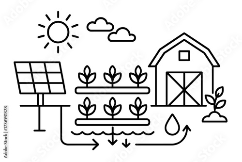 Sustainable agriculture with hydroponic system and solar panel energy. Outline vector illustration of a smart farm, vertical farming, and efficient water irrigation for eco-friendly food.