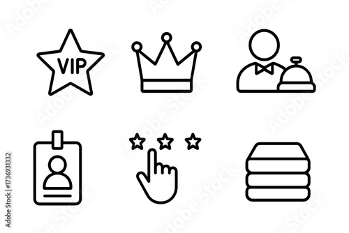 VIP line icon set for web and mobile. Exclusive premium service symbols. Includes crown for royalty, concierge for hotel service, pass for access, and star for quality rating.