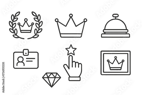 VIP line icon set for exclusive status, premium service, and luxury concepts. Vector collection with crown, diamond, ID pass, and rating star. Royalty member and hotel access.