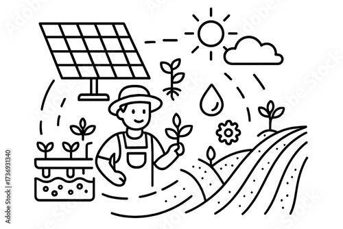 Sustainable agriculture concept with farmer. Hydroponics and solar panel. Green energy farming. Eco friendly smart farm technology. Renewable resource cultivation method.