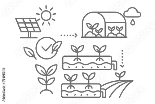 Sustainable agriculture line icon set. Hydroponics system with solar panel energy. Smart farming, eco-friendly food production in a greenhouse. Organic plant growth cycle vector.