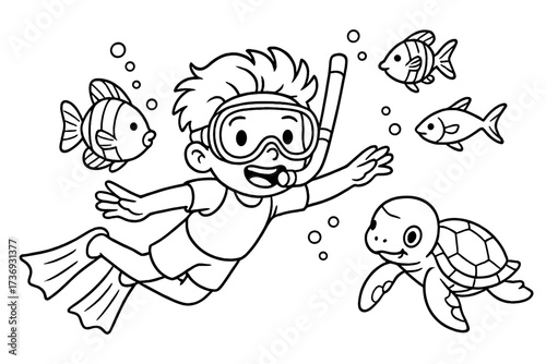 Cartoon boy snorkeling underwater with fish and turtle. Line art vector illustration for a coloring book page. Child on a summer vacation sea adventure exploring marine life.