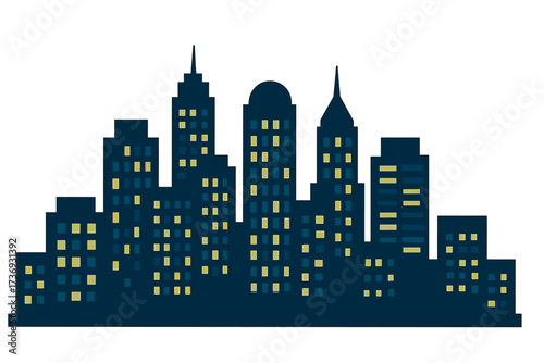 City skyline silhouette at night vector illustration. Urban cityscape with glowing windows. Modern architecture background for real estate or business. Downtown buildings concept.