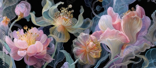 Delicate floral arrangement with semi-transparent petals and ethereal details against a black background