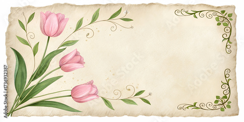 Floral Elegance: A delicate bouquet of pink tulips and elegant swirls, presented on a textured background. capturing the serene beauty of nature in soft watercolor hues and intricate details.