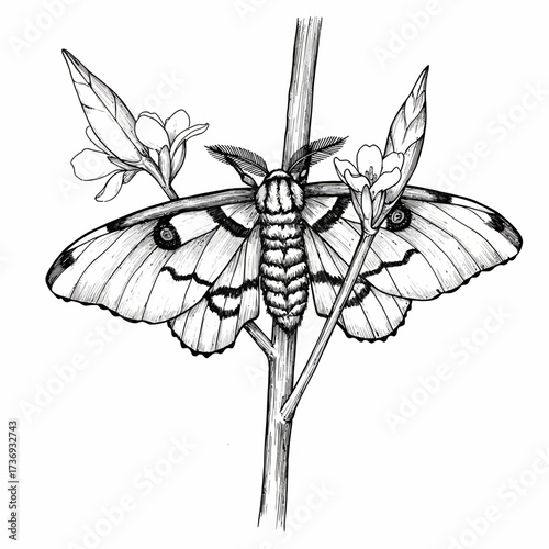 Detailed pencil drawing of a moth resting on a flowering branch, its wings spread to reveal intricate patterns amidst delicate blooms, isolated on white.
