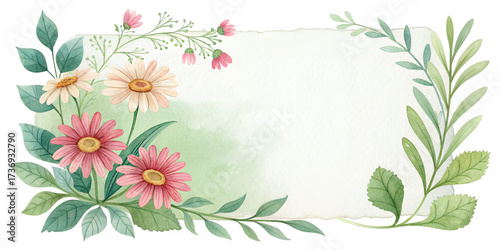 Floral Flourish: Watercolor botanical frame perfect for text, elegantly adorned with vibrant flowers and verdant leaves, evokes a sense of freshness and beauty.