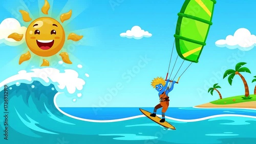 Cheerful cartoon scene featuring a kite surfer riding a wave under the smiling sun