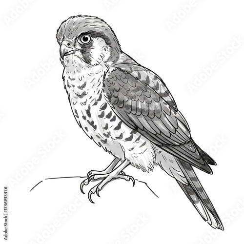 Realistic pencil drawing of a hawk or falcon perched, featuring detailed feathers and sharp predatory gaze, isolated on white.
