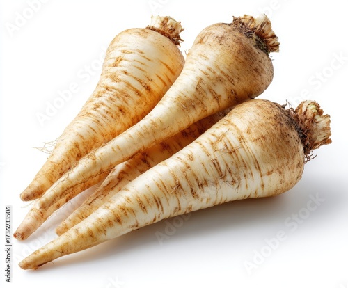 Close-up shot of four parsnips on white background, showing the textured root vegetables