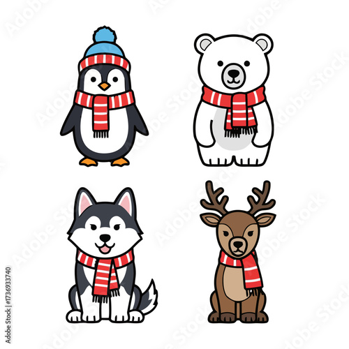 Collection four cute cartoon winter animals wearing red and striped scarves and hat, including penguin, polar bear, husky dog, and reindeer