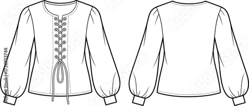 Flat sketch blouse CAD vector, lace-up front top fashion template, puff sleeve shirt with cuffs, apparel technical drawing design