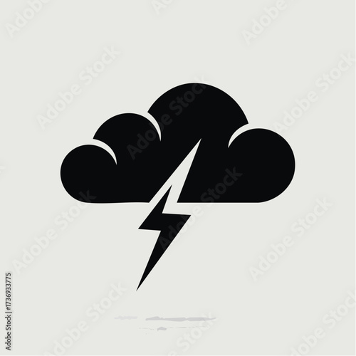 Minimalist vector graphic of a stylized black thundercloud with a lightning bolt, symbolizing severe weather, on a plain white background, in a modern flat design style.