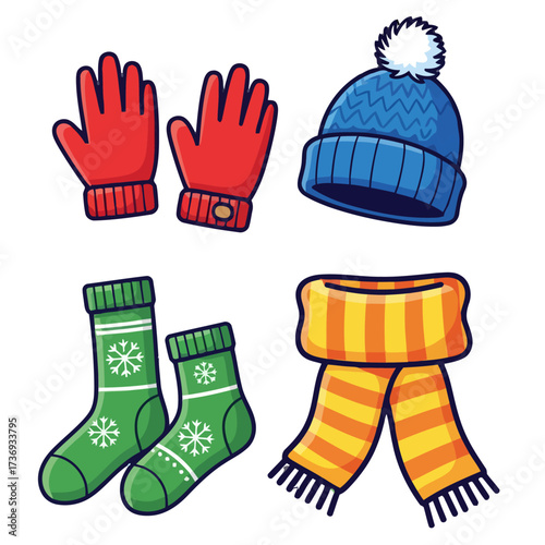 Set winter clothing items including red gloves, blue bobble hat, green socks with snowflakes, and yellow and orange striped scarf, isolated on