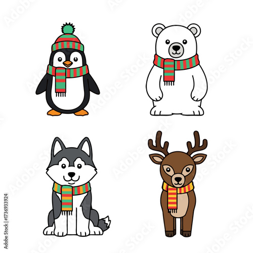 Cute cartoon winter animals including penguin, polar bear, husky dog, and reindeer, all wearing scarves and