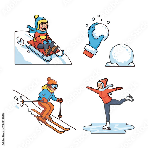 Four winter sport activities child sledding down snowy hill, hand throwing snowball, person skiing down slope, and woman ice skating on frozen pond