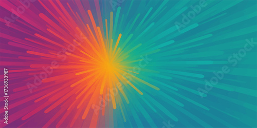 Bright rainbow coloured abstract explosion of light rays against a dark blue sky backdrop with a glowing star design pattern