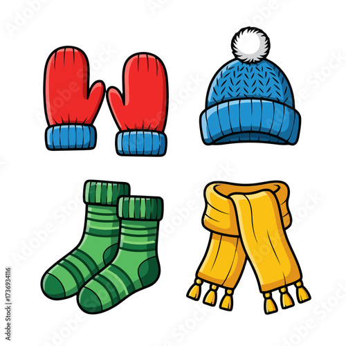 Winter clothing set including red mittens, blue bobble hat, green striped socks, and yellow scarf