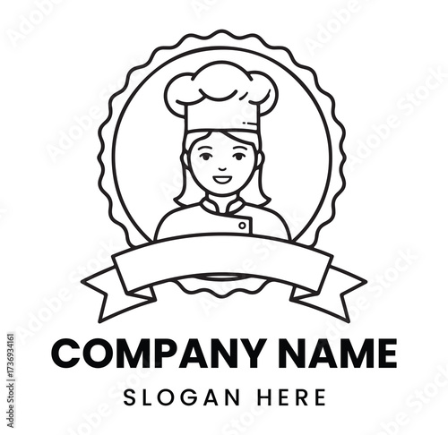 Outline Vector Icon of a Smiling Female Chef in a Toque, Framed by a Badge and Blank Banner