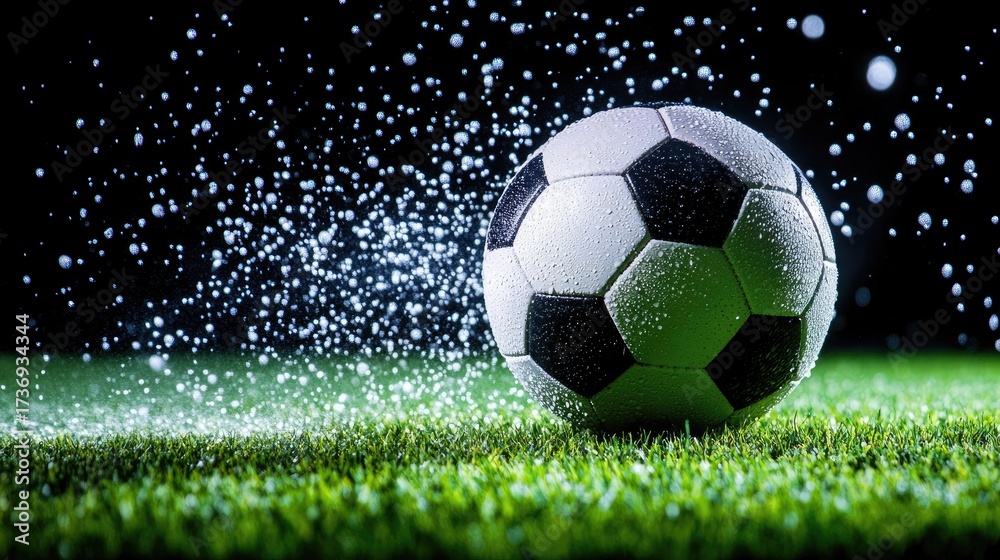 Fototapeta premium Soccer ball on a wet field with water droplets.