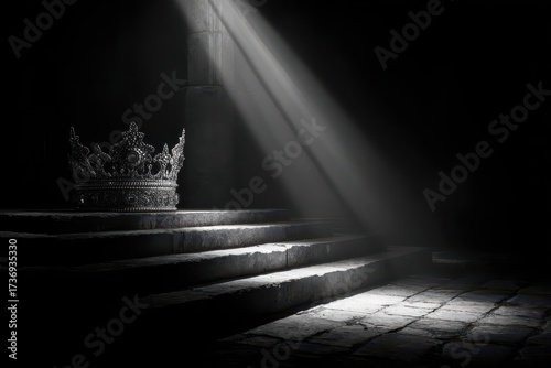 A Royal Crown on Stone Steps, Illuminated by a Dramatic, Solitary Beam of Light.