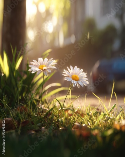 Two daisies bask in golden sunlight, grass and a blurred street creating a peaceful scene