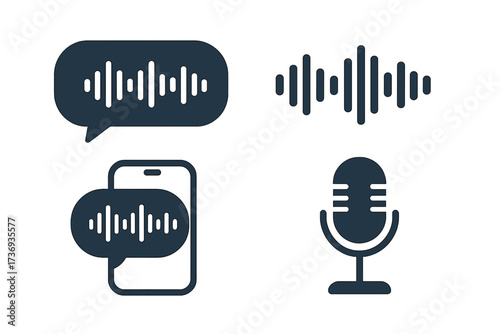 Voice message icon set. Sound wave in chat bubble for social media app. Audio recording, recognition, and assistant symbol. Podcast microphone and waveform vector illustration.
