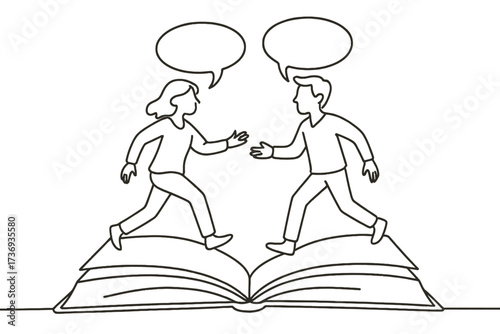 Man and Woman Walking Out of Open Book Story Dialogue Line Art