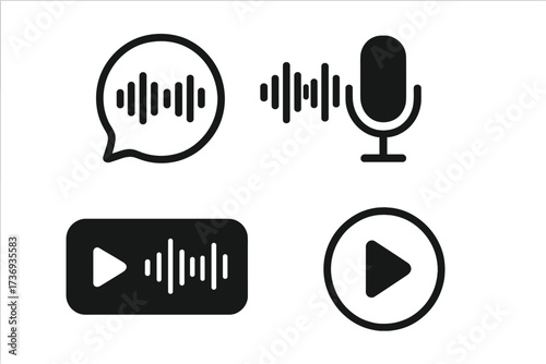 Voice message icon set for social media app. Audio record with microphone and soundwave. Play button for podcast player interface. Voice assistant communication symbol. Vector