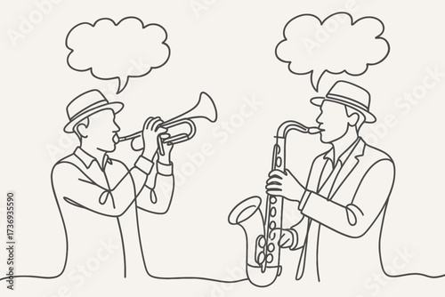 Jazz Musicians Trumpet and Saxophone Music Dialogue Line Art