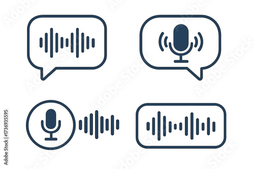 Voice message icon set. Audio chat soundwave and microphone symbol. Social media app UI element. Digital communication, voice assistant recognition, recorder technology vector line.