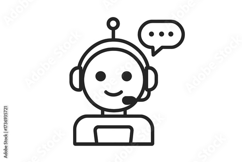 Chatbot icon for customer service and support. Virtual assistant robot head with headset for website communication. AI technology concept. Vector line art illustration for helpdesk.