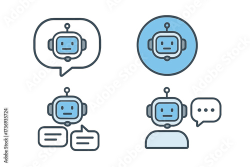 Vector chatbot icon collection. Virtual assistant for website customer service. AI robot head with speech bubble concept for online help, support chat, and communication.