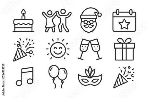 Celebration and party line icon set. Vector collection of thin line symbols for events and holidays. Birthday cake, dancing, christmas santa, new year, gift, carnival mask.