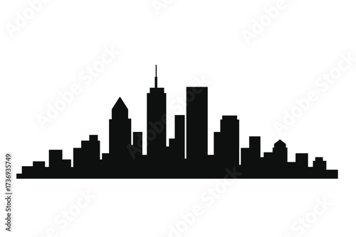 City skyline silhouette vector icon. Simple black urban cityscape panorama with modern buildings. Metropolis architecture landscape illustration for background or web design template.